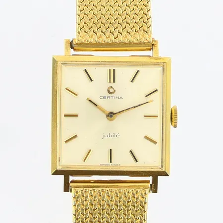 Herrur Certina 18K 26x26mm, länk 18K längd: ca 19,8cm, boettnr:525296, slitet etui Vikt: 57,9 g