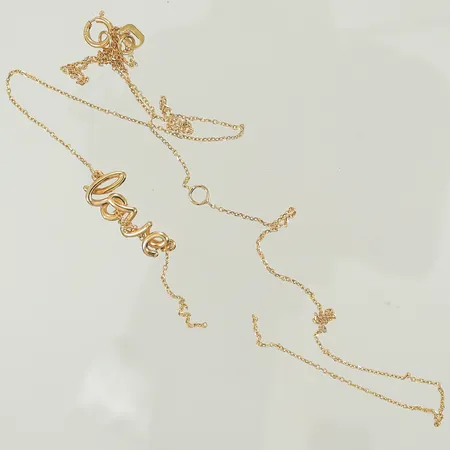 Halskedja med integrerat hänge "love" längd 41,5cm bredd ca 1-8mm (defekt, trasigt, av, knutar) 18K, 1,6g