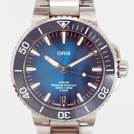 Herrur Oris Aquis Date Diver 300m stål automat ref-nr:7763 serie-nr:3863748 Ø43mm, kaliber: 400, glasbaksida, datum, safirglas, innermått ca 19cm, länk samt boett med mindre bruksrepor, inga tillbehör.