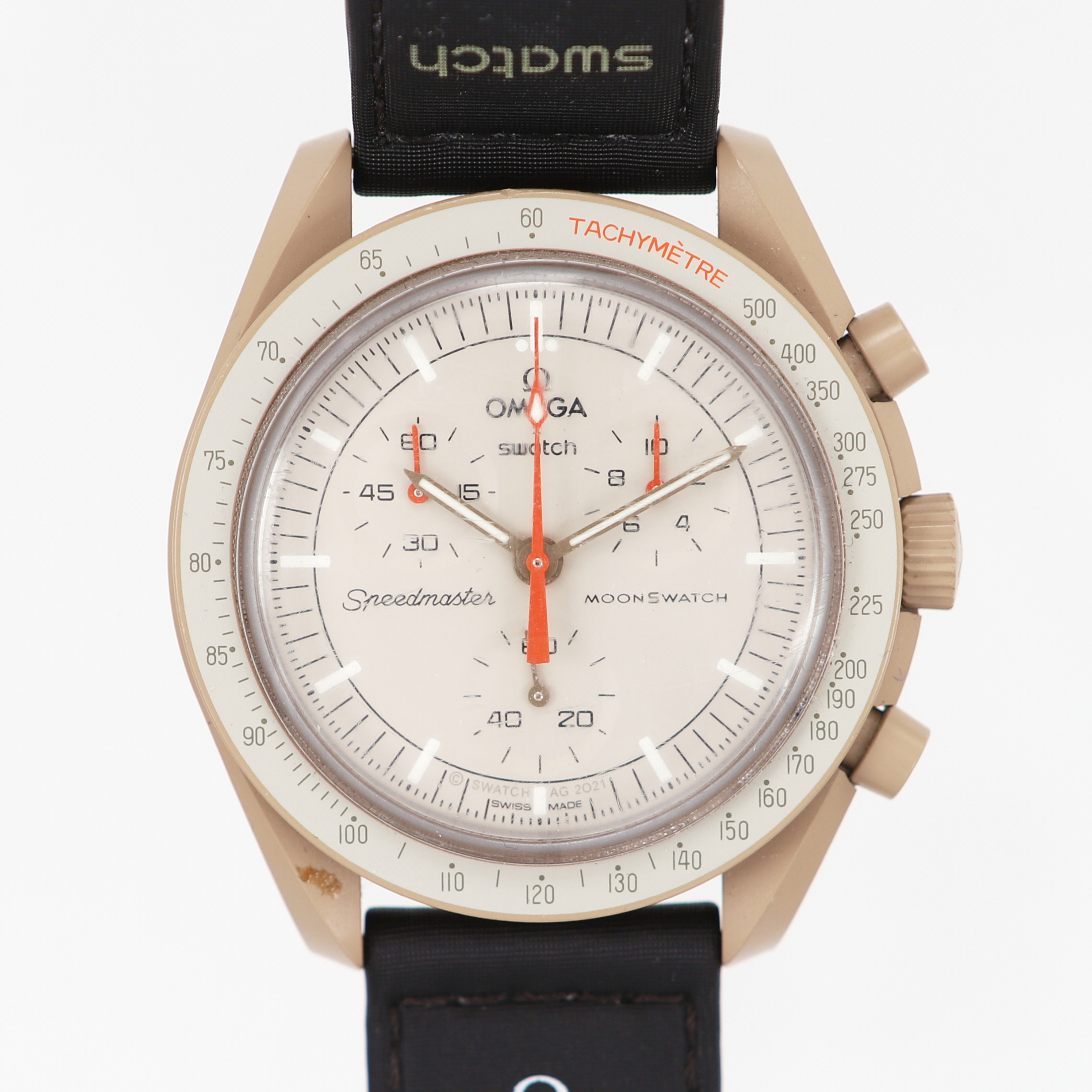 Herrur Omega/Swatch Moonswatch Mission to Jupiter, bioceramic, quartz, Ø42mm, kronograf, original armband, slitage på plexiglas, inga övriga tillbehör