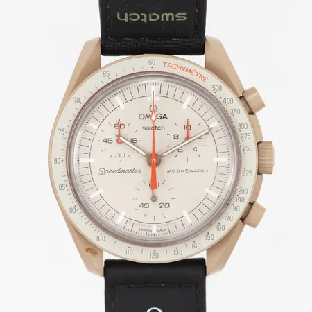 Herrur Omega/Swatch Moonswatch Mission to Jupiter, bioceramic, quartz, Ø42mm, kronograf, original armband, slitage på plexiglas, inga övriga tillbehör
