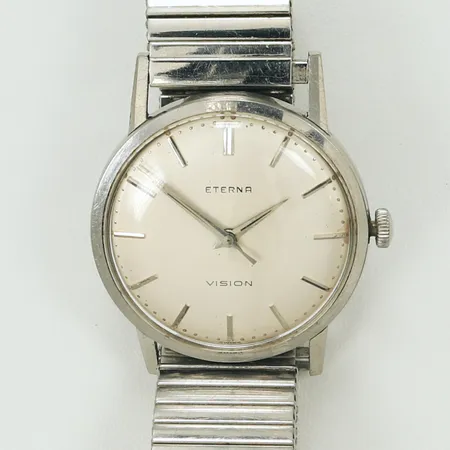 Herrur Eterna vision, manuell, #4281068, Ø ca36mm, plastglas, flexlänk i metall, repigt glas, går ej