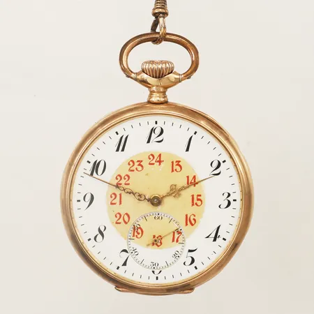 Fickur 14K Ø51mm, liten sekundvisare saknar glas, klockkedja i 14K, defekt bruttovikt: 88,7g