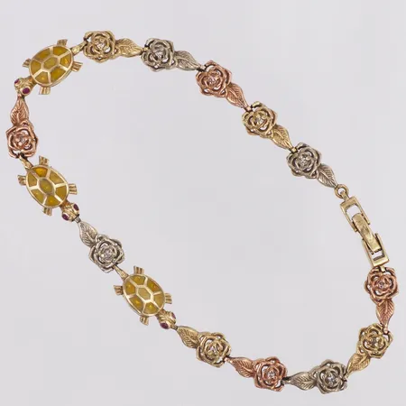 Armband trefärgat sköldpaddor med emalj och stenar längd 20,5cm, bredd 6,6-7,7mm, buckligt lås, 14K  Vikt: 10,3 g