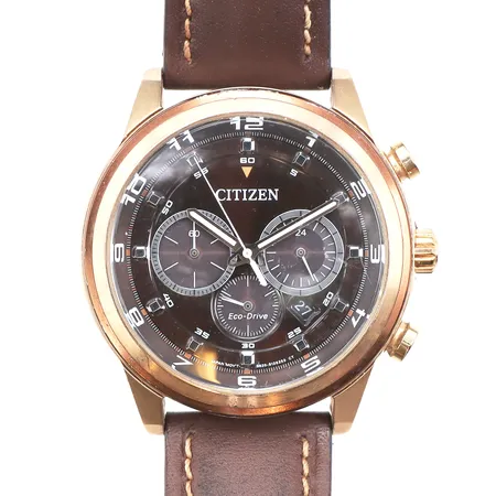 Herrur Citizen Eco-Drive, Ø44mm, refnr: B620 S087708 6310022, med läderband, något repigt plexiglas, bruksslitage, batteribyte behövs, ej funktions testad, inga tillbehör.