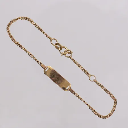 Armband med bricka, längd ca 16cm bredd 1,6-5mm, felvänt lås. 9K Vikt: 1,8 g