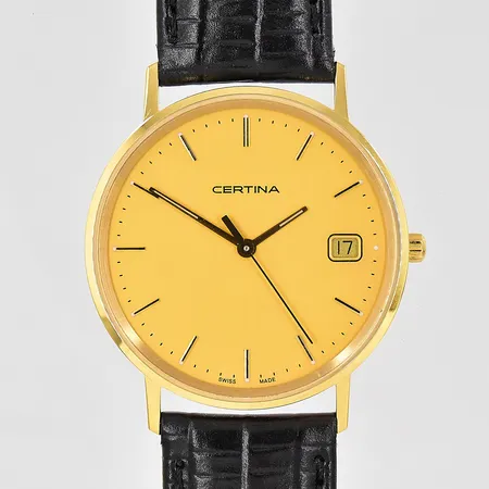 Herrur Certina 18K Ø 33,5mm quartz datum refnr:158.9289.68 läderband certifikat 2021 graverad boett etui ytterkartong batteribyte behövs