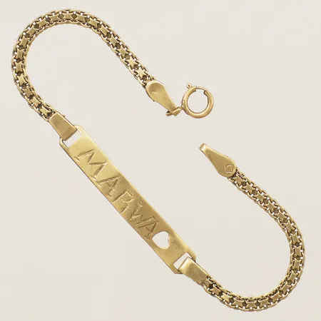 Barnarmband X-länk med gravyrbricka, längd 13,5cm bredd 4,5mm, bucklig defekt lås 18K Vikt: 2,8 g