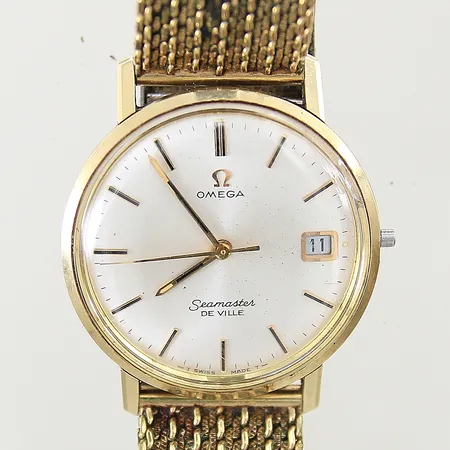 Herrur Omega Seamaster De Ville stål/doublé manuell Ø34mm datum plexiglas med mindre spricka och repor defekt/går ej krona saknas länk i doublé inga tillbehör
