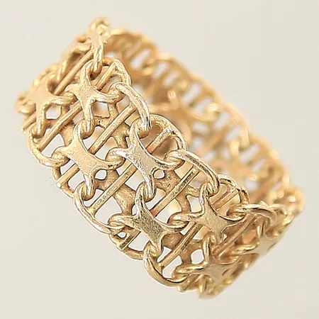 Ring X-länk med stav, stl: 19, bredd 9,4mm, skev, 18K.  Vikt: 5 g