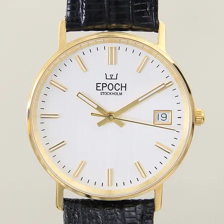 Herrur Epoch 14K quartz Ø33mm datum läderband original behov av batteribyte gravyr inga tillbehör