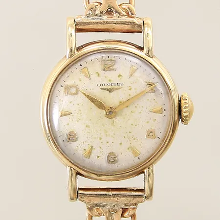 Damur Longines 14K manuell Ø ca 21mm, armband i guld 18K ca 18,5cm, går ej, servicebehov, bruttovikt: 23,8g