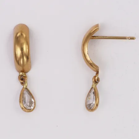 Ett par örhängen med vita stenar längd 18mm bredd 4mm, saknar snurrebussar, 18K