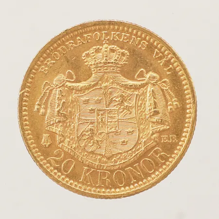 Mynt 20kr Oscar II Sveriges och Norges Konung, Brödrafolkens väl år 1877 Ø23mm 21,6K Vikt: 9 g