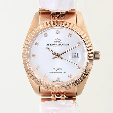 Damur Christophe Duchamp Élysées Diamond Collection roseguld/stål quartz Ø31mm referensnr: CD7201-02 diamant index datum plomberad länk i roseguld/stål certifikat ej ifyllt manual box