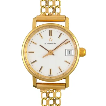 Damur Eterna, 18K guld, Ø22 mm, quartz - behov av nytt batteri, x-länk i 18K, handledsmått 17,7 cm, bruttovikt 17,6g