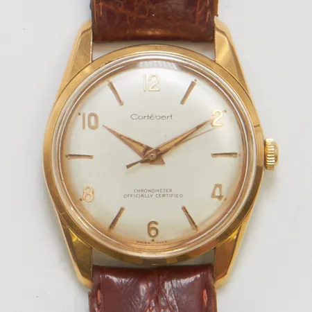 Armbandsur Cortébert Chronometer Ø35mm, manuell, guld på stål, boett nr: 9507, läderband. 