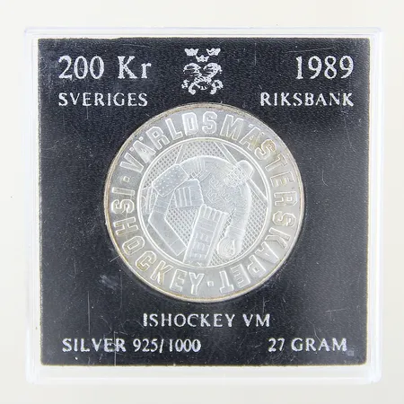Mynt Ishockey VM 1989 200kr Ø35,9mm, etui silver 925/1000 Vikt: 27 g