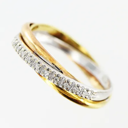 Ring trefärgad med 8/8-slipade diamanter 10 x ca 0,005ct, stl:17½, bredd 4mm, 18K  Vikt: 3,2 g
