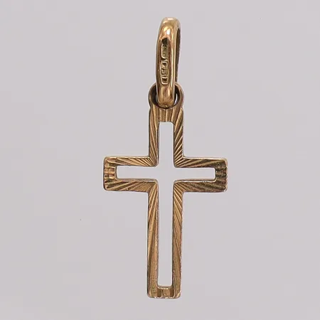 Hänge kors med matterad dekor, längd 23,4mm bredd 12,1mm. 14K Vikt: 1,4 g
