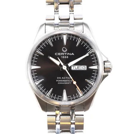 Herrur Certina DS Action PowerMatic 80, automatisk, stål, Ø42mm, svart urtavla, nr C032430 A. original stållänk, extra länkbitar, extgarantikort från juni 2021, manual, etui, box, batteribyte behövs.