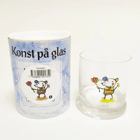 Dricksglas Lasse Åberg "Konst på glas" Etcetera Marketing AB, nr 5, kristall, höjd 8cm, Ø69mm, ryms ca 19cl, original förpackning.