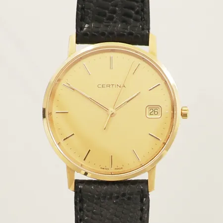 Armbandsur Certina 18K quartz Ø34mm, datum, nr EOL 158.9289.68, läderband original längd 32cm inkl ur, gravyr  behov av batteribyte, box 