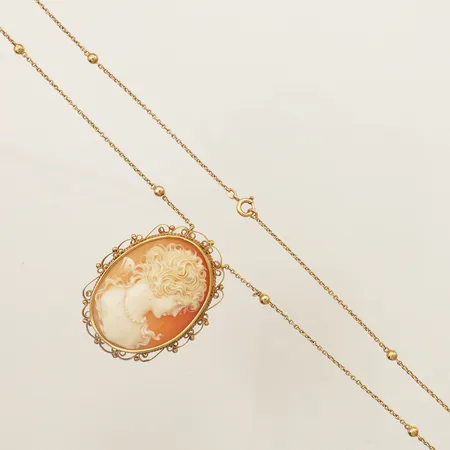Collier med kamé längd 54cm bredd 3,4mm, kamé längd 48mm bredd 37,mm, 18K Vikt: 17,3 g
