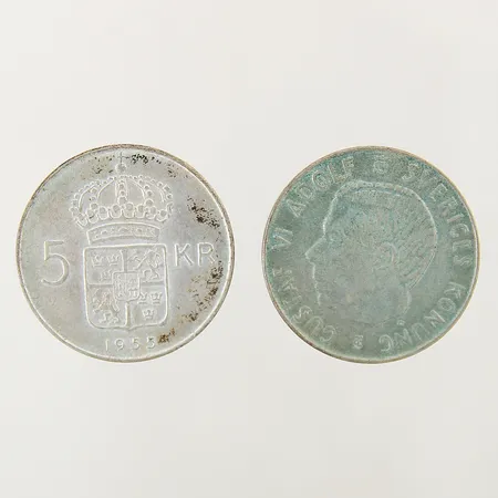 2 Mynt Gustaf VI Adolf 1955 5kr Ø34mm silver 400/1000 Vikt: 36,2 g