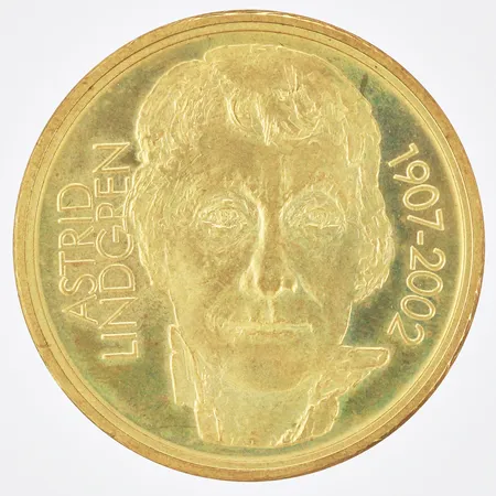Minnesmynt Pippi Långstrump Astrid Lindgren 1907-2002 Nominellt värde 50kr Ø35mm aluminiumbrons-legering
