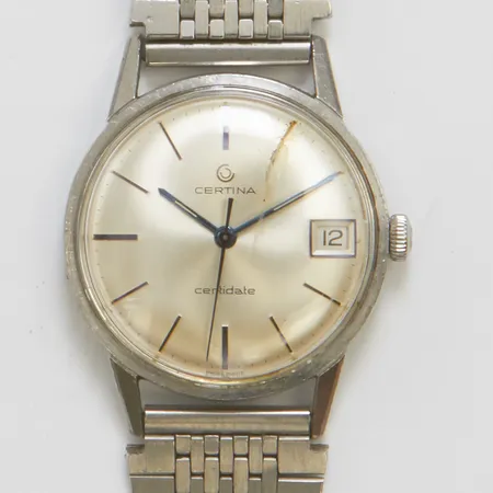 Armbandsur Certina Certidate Ø33,5mm, manuell, stål, datum, boett nr: 5301 075 5424623, skadat glas, länk i stål. 