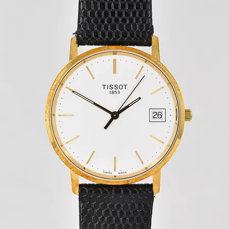 Herrur Tissot 18K Ø33,5mm quartz datum graverad boett etui ytterkartong batteribyte behövs