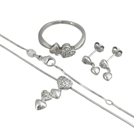 SET - Ring, halskedja med hänge och örhängen, silver 925/1000, JAa - Jens J Aagaard Danmark, vita stenar, ringstorlek 19,0 mm, kedja längd 42,0 - 45,0 cm, hänge storlek 7x21 mm, örhängen längd 12 mm, fint skick, någon minimal ojämnhet i kedjan, stenar utan anmärkning Vikt: 9,5 g