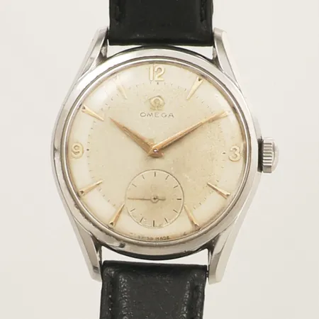 Herrur Omega stål manuell Ø36mm, liten sekundvisare, läderarmband ej original längd ca 24cm inkl ur, sliten urtavla inga tillbehör