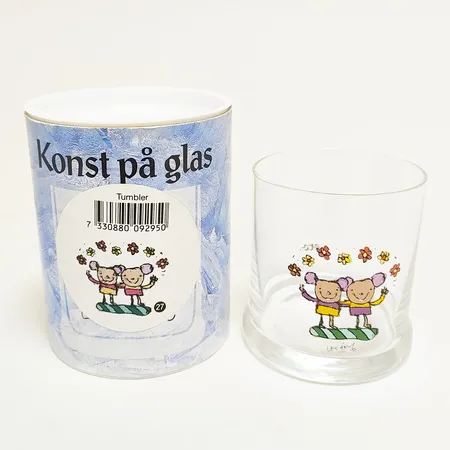 Dricksglas Lasse Åberg "Konst på glas" Etcetera Marketing AB, nr 27, kristall, höjd 8cm, Ø69mm, ryms ca 19cl, original förpackning. 