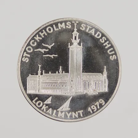 Mynt Stockholms Stadshus - Stockholms Stadion, Lokalmynt 1979, 100kr, Ø33mm, Sporrong, 925/1000 silver,  Vikt: 20,4 g