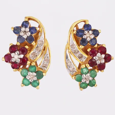 Örhängen diamanter 16 x ca0,02ct piqué och färgade stenar längd 24mm, bredd 16mm, 14K Vikt: 7,4 g