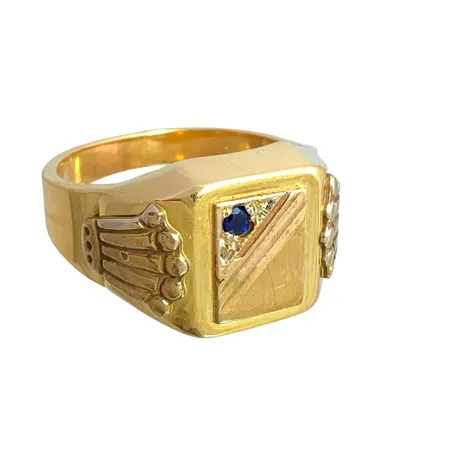 Klackring 18K guld, blå Spinell, stl:19,5 mm, bredd 3,5-13 mm, mindre bruksmärken, Vikt: 11,8 g