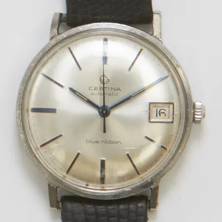 Armbandsur Ceryina blue ribbon Ø34mm, automatisk, stål, datum, boett nr: 5801102 5291223, repigt glas, kantskador på boett, läderband. 