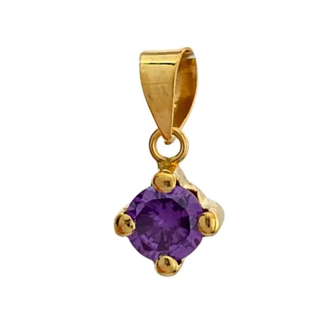 Hänge i 18K guld med lila sten Ø 4 mm, Guldfynd (GHA) 20138902, längd inkl. ögla 11,5 mm, bredd 5,3 mm, fint skick, sten utan anmärkning, ordinarie nypris hos Guldfynd 998 kr Vikt: 0,3 g