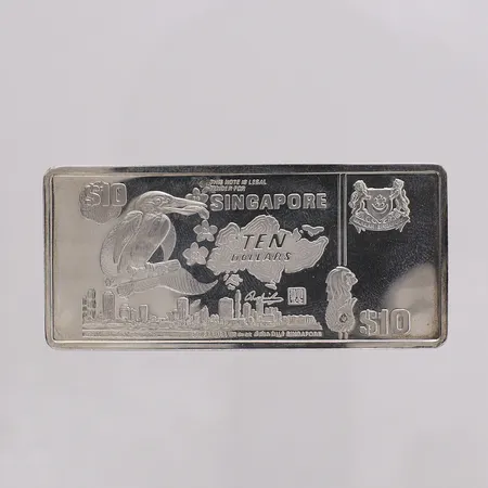 Silversedel, Singapore 10 dollar, numrerad RC/108/91-12 silver 999/1000 Vikt: 22,9 g