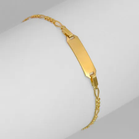 Armband med Bricka - barnmodell, 18K guld, ograverad, Guldfynd (GHA), längd 13,0 - 15,0 cm, bredd 2-5 mm, fint skick Vikt: 1,8 g