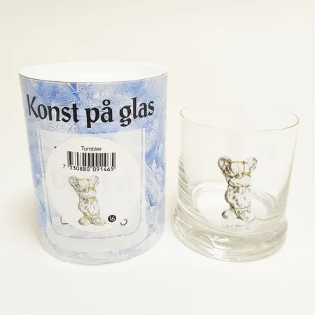 Dricksglas Lasse Åberg "Konst på glas" Etcetera Marketing AB, nr 16, kristall, höjd 8cm, Ø69mm, ryms ca 19cl, original förpackning.
