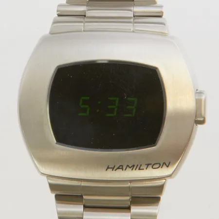 Herrur Hamilton American Classic PSR digital, quartz, stål, boett 33x41mm, ref H524140, serie nr H91 PBZ F5L, extra länkbitar, certifikat, kvitto daterad 2025, manual, box, ytterkartong.