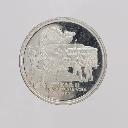 Minnesmynt Oskar II unionsupplösningen 1905, myntkapsel silver 925/1000 Vikt: 27 g