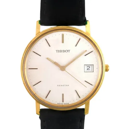 Herrur Tissot Seastar, 18K guld, Ø34 mm, quartz - behöver nytt batteri, plexi, datum, gravyr - För Nit o Redlighet..., original skinnband och spänne (slitage), mindre bruksmärken Vikt: 0 g