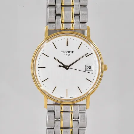 Herrur Tissot 18K Ø 33,5mm datum graverad boett stållänk med viklås ej original batteribyte behövs