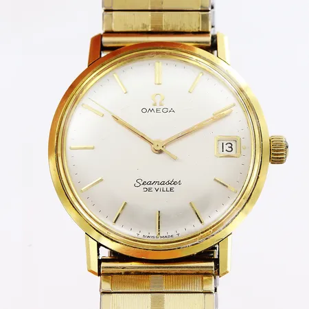 Herrur Omega Seamaster De Ville 18K, manuell, Ø33mm, orginalglas, datum, sekundvisare, flexlänk i gulmetall, repor på glas och boett, slitage på krona, inga tillbehör Vikt: 0 g