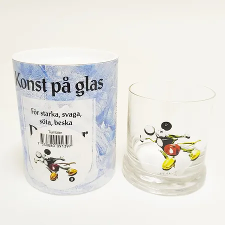 Dricksglas Lasse Åberg "Konst på glas" Etcetera Marketing AB, nr 9, kristall, höjd 8cm, Ø69mm, ryms ca 19cl, original förpackning.