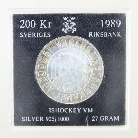 Mynt Ishockey VM 1989 200kr Ø35,9mm, etui silver 925/1000 Vikt: 27 g